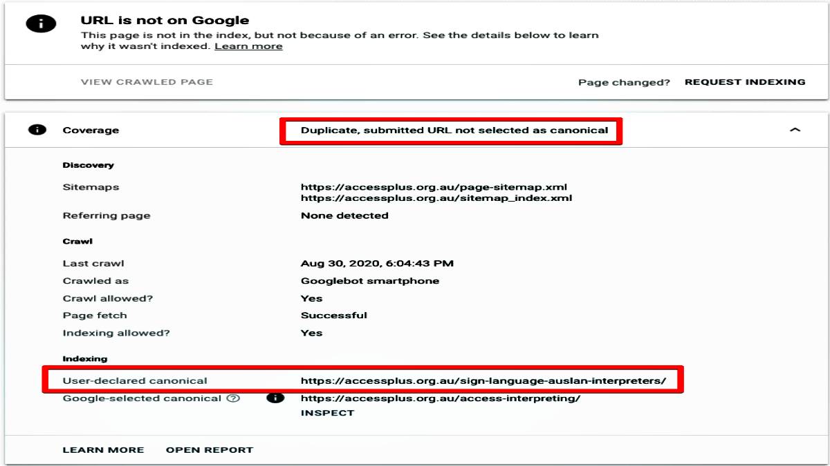 خطای submittted URL not selected as canonical